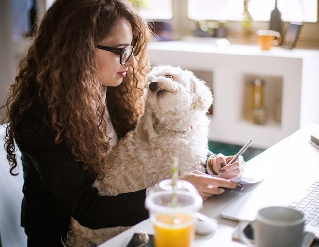 A student with a dog in her lap takes notes about her financial aid.